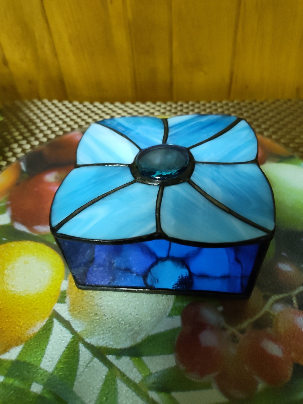 Blue Flower Stained Glass Decorative Trinket  Jewelry Box 4-1/4"x4-1/4"x2-1/2"